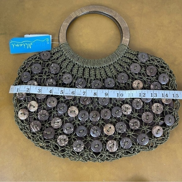 Blue Miami Woven Wooden Handle Button Embellished Bohemian Purse - Picture 10 of 11